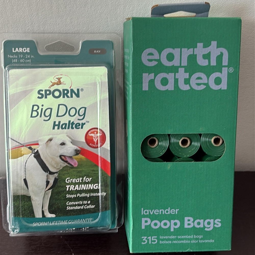 Sporn Big Dog Halter and Lavender Poop Bags.